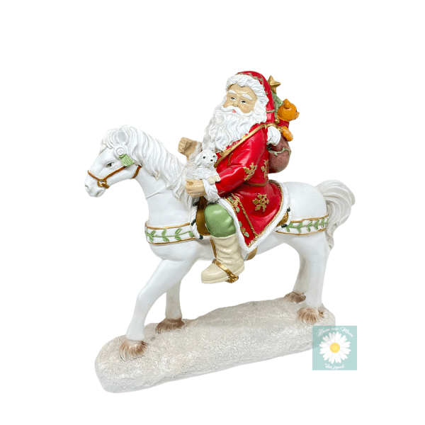 decorazione natale casa, babbo natale su cavallo bianco in resina, idea regalo