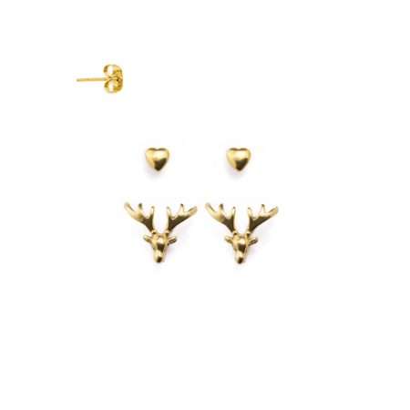 set 2 coppi orecchini cuore e cervo placcati oro vestopazzo