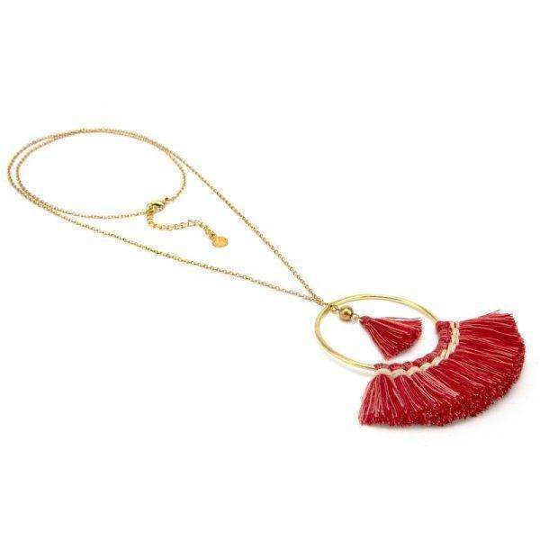 collana ottone dorato con pendente cerchio e nappine rosse vestopazzo