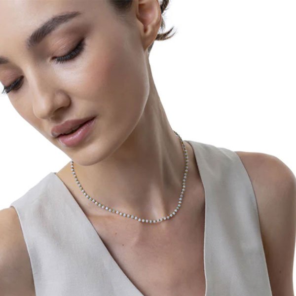 collana girocollo sfere madreperla azzurre e acciaio dorato vestopazzo donna