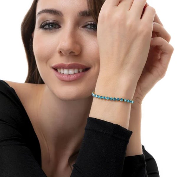 bracciale rigido acciaio oro zirconi acquamarina vestopazzo donna