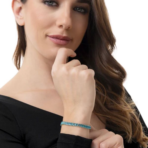 bracciale tennis acciaio dorato zirconi baguette acquamarina vestopazzo donna