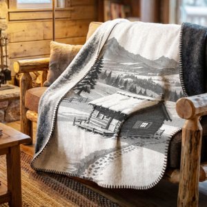 coperta in sofcotton grigia disegno baita di montagna 150x200 250x200 daunex