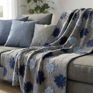 plaid grigio in lana cotta disegno fiore alpino blu 130x170 daunex