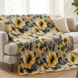 plaid in lana cotta grigio disegno fiori di pesco gialli 130x170 daunex