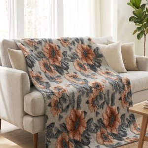 plaid in lana cotta grigio disegno fiori di pesco tortora 200x240 daunex